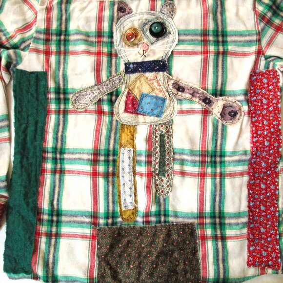 Upcycled Flannel Shirt with Patchwork Cat Design Handmade Boho Grunge Plaid - Picture 12 of 16